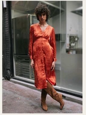 FRNCH Burnt Orange Satin V-Neck Midi Dress